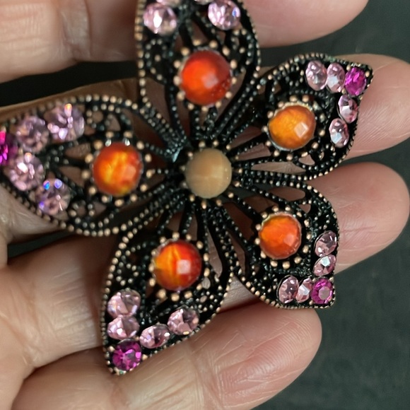 Vintage copper tone Elegant Floral Brooch with Pink and Orange Accents - Picture 3 of 5